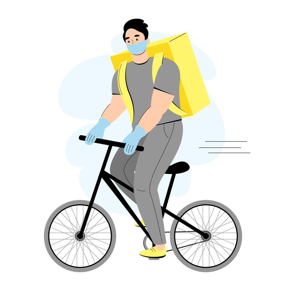 seguro entrega. masculino mensajero enmascarado y enguantado por bicicleta durante el cuarentena. vector ilustración en plano estilo