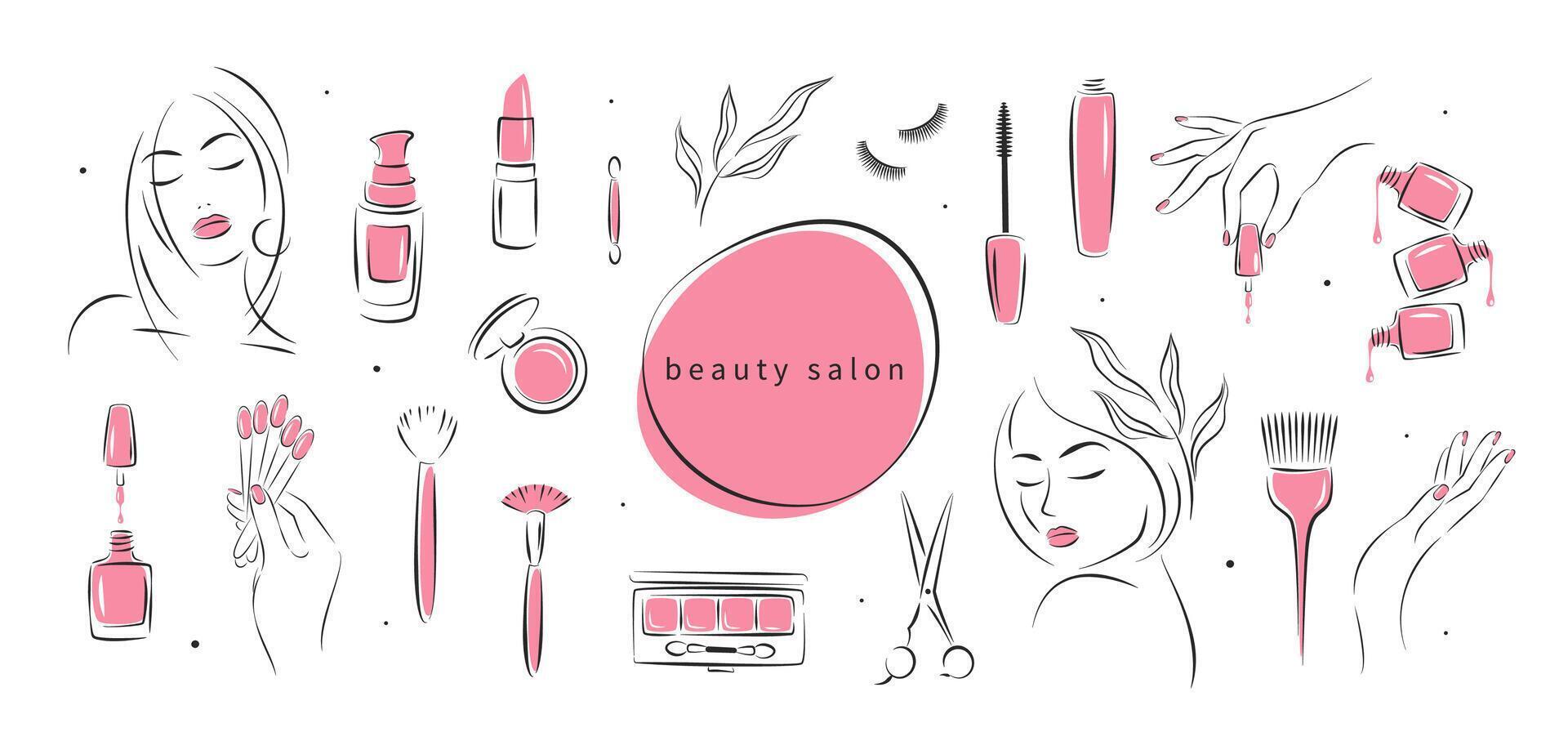 Big set of elements and icons for beauty salon. Nail polish,  manicured female hands, beautiful woman face, lipstick, eyelash extension, makeup, hairdressing. Vector illustrations