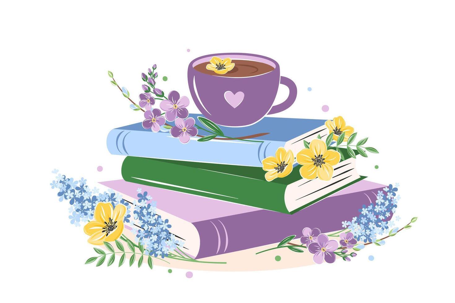 libros, taza café o té con primavera brillante flores en blanco antecedentes. diseño para primavera saludo tarjeta. vector ilustración