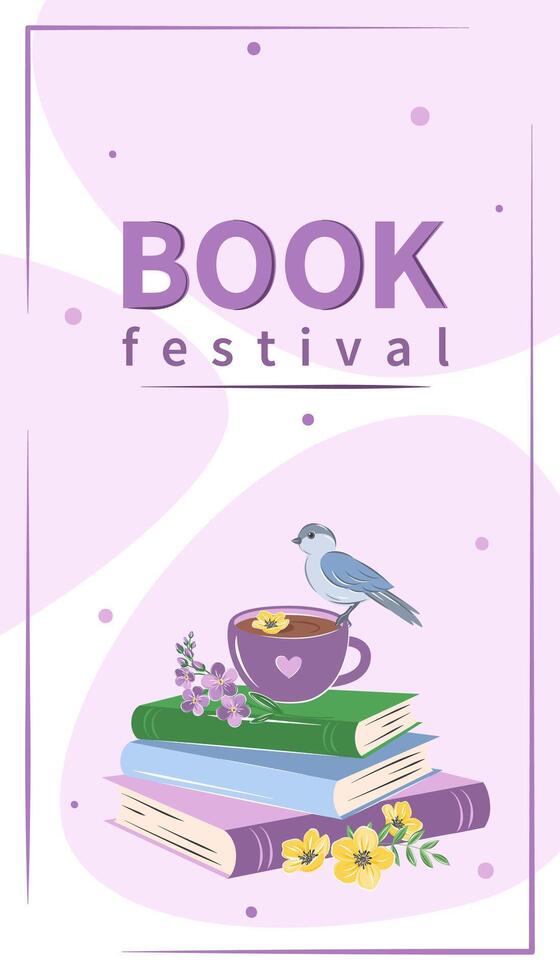 Book festival. Layout design for bookstore, library. Books with spring flowers. Vector illustration