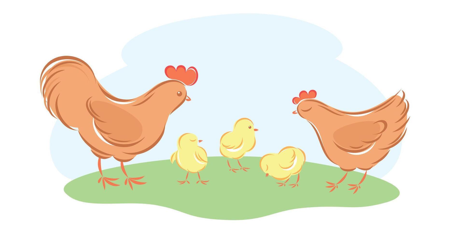 linda encantador familia de Doméstico pájaro. gallo, gallina y cría de polluelos infantil plano dibujos animados vector ilustración.