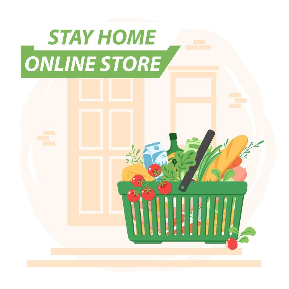 Contactless delivery service, online store. The grocery basket is located next to the door to the house. Online delivery, quarantine concept. Flat vector illustration.