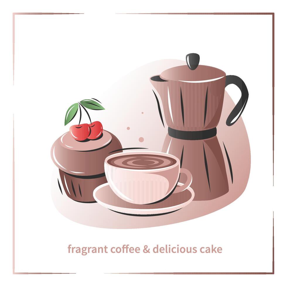 Banner for coffee house, coffee shop, cafe-bar, restaurant, menu. Coffee maker, coffee and cakes.  Vector illustration for advertising