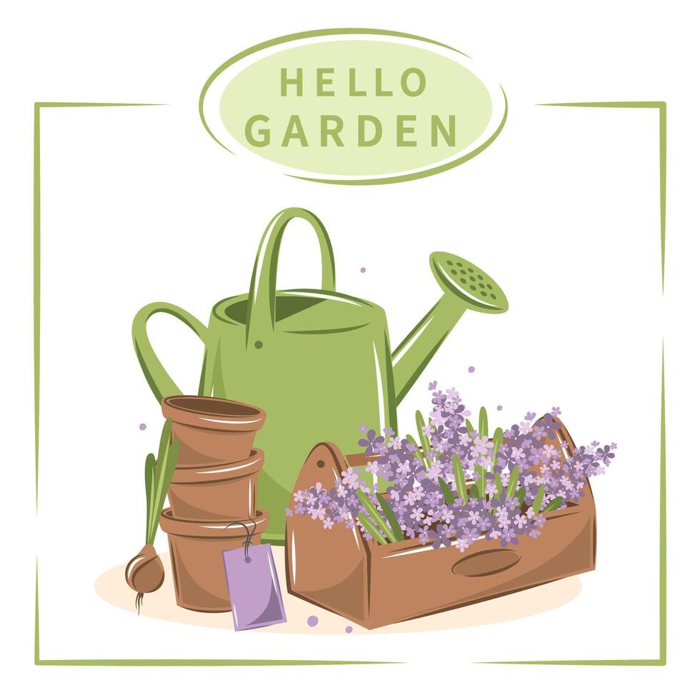 Gardening, growing plants, agricultural tools. Hello garden.  Vector illustration.