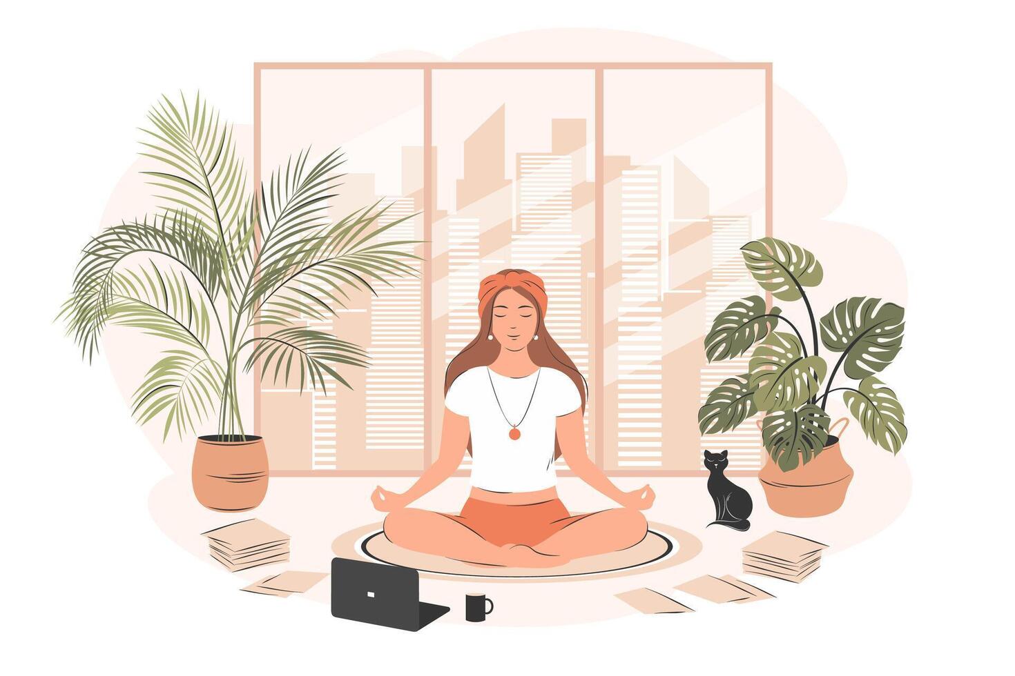 el niña trabajando y descansa en cómodo condiciones desde hogar. distancia trabajo concepto, yoga, meditación, relajarse, recreación, sano estilo de vida, permanecer a hogar. vector ilustración en un plano estilo