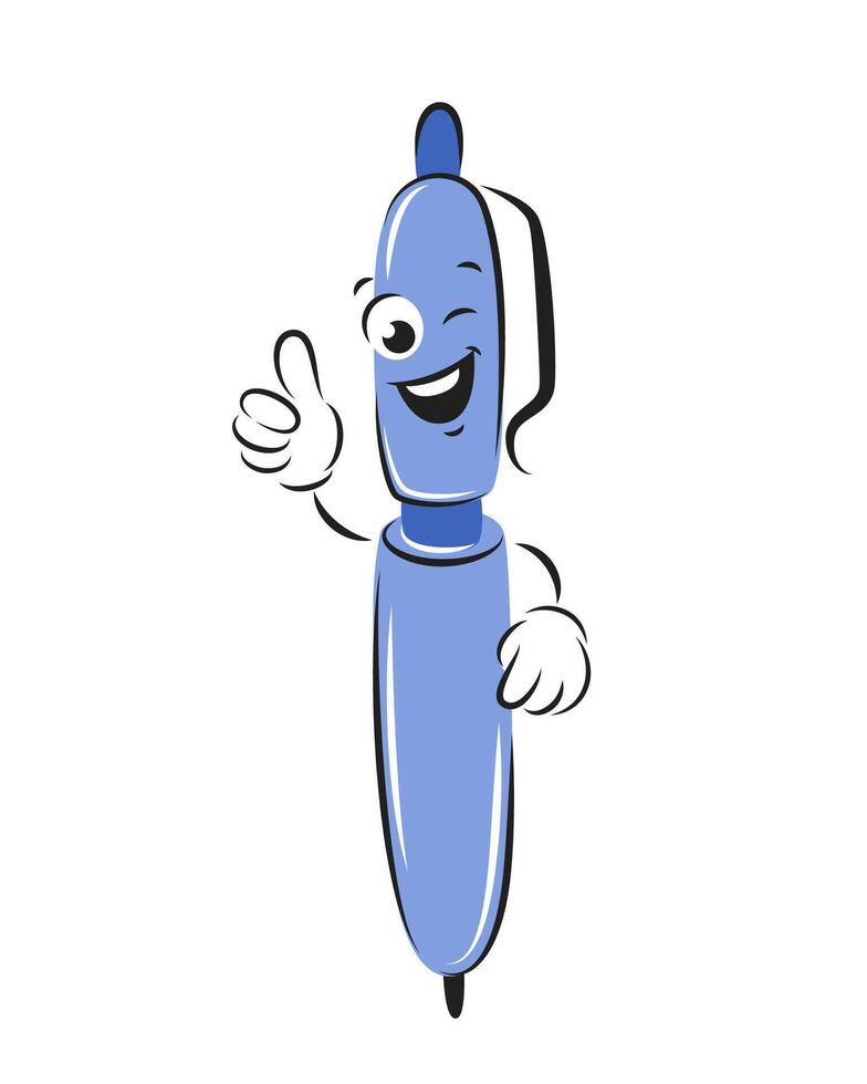 Happy cartoon pen smiles, winks, give ok, cool status. Knowledge and education concept. Vector illustration for children design or school.