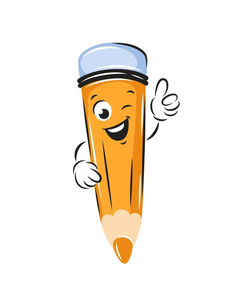 Happy cartoon pencil smiles, winks, give ok, cool status. Knowledge and education concept. Vector illustration for children design or school.