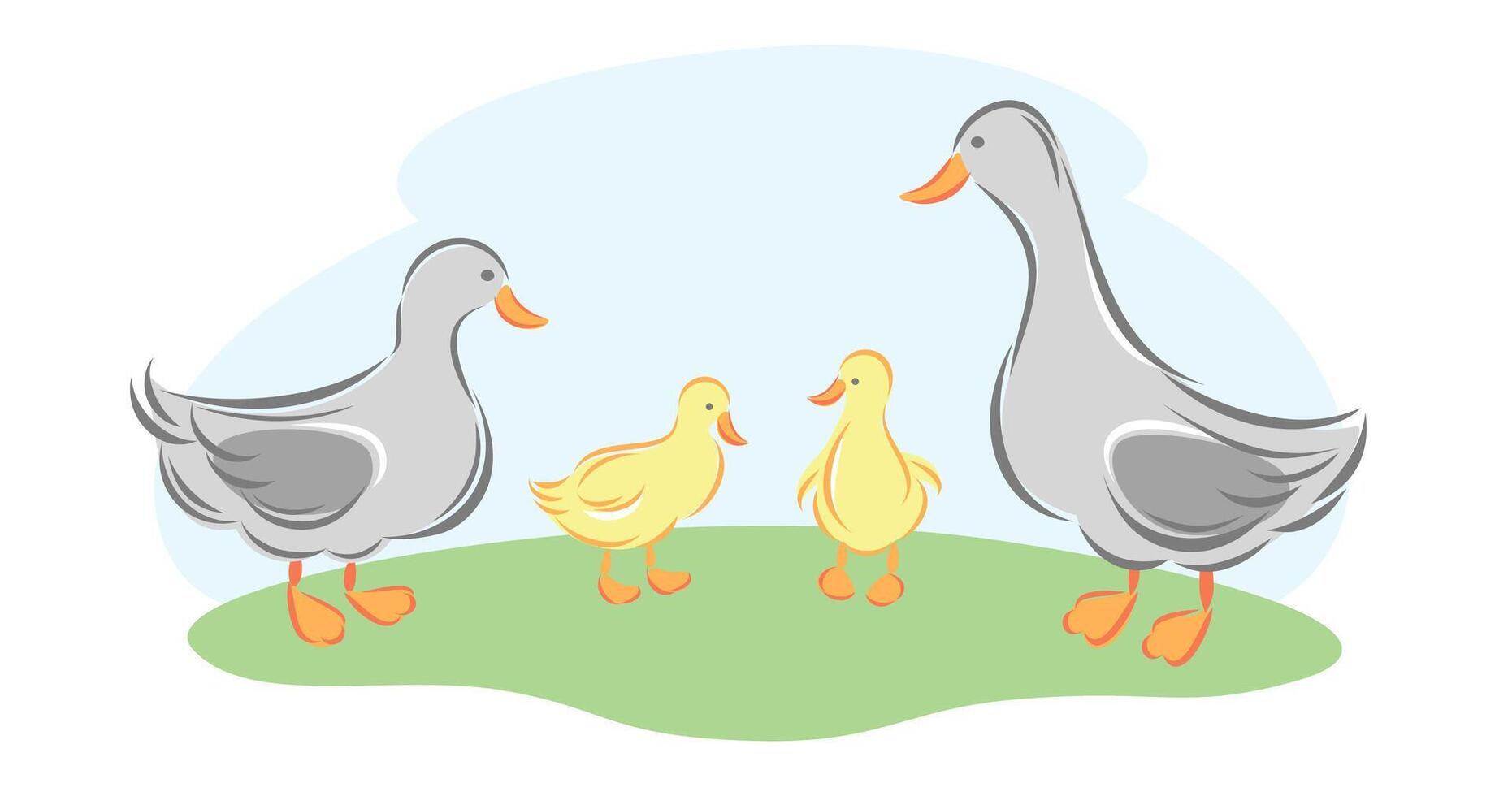 Cute family of domestic bird. Ducks and brood of ducklings. Childish flat vector illustration.