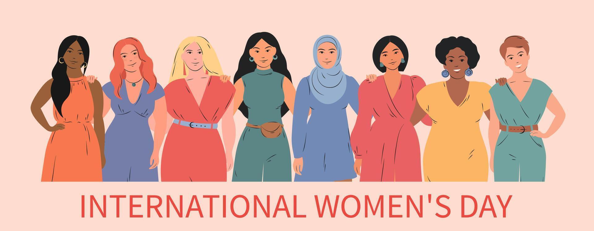 International Women's Day horizontal banner. Multinational multicultural group of women. Struggle for freedom, equality and independence concept, 8 March. Vector illustration