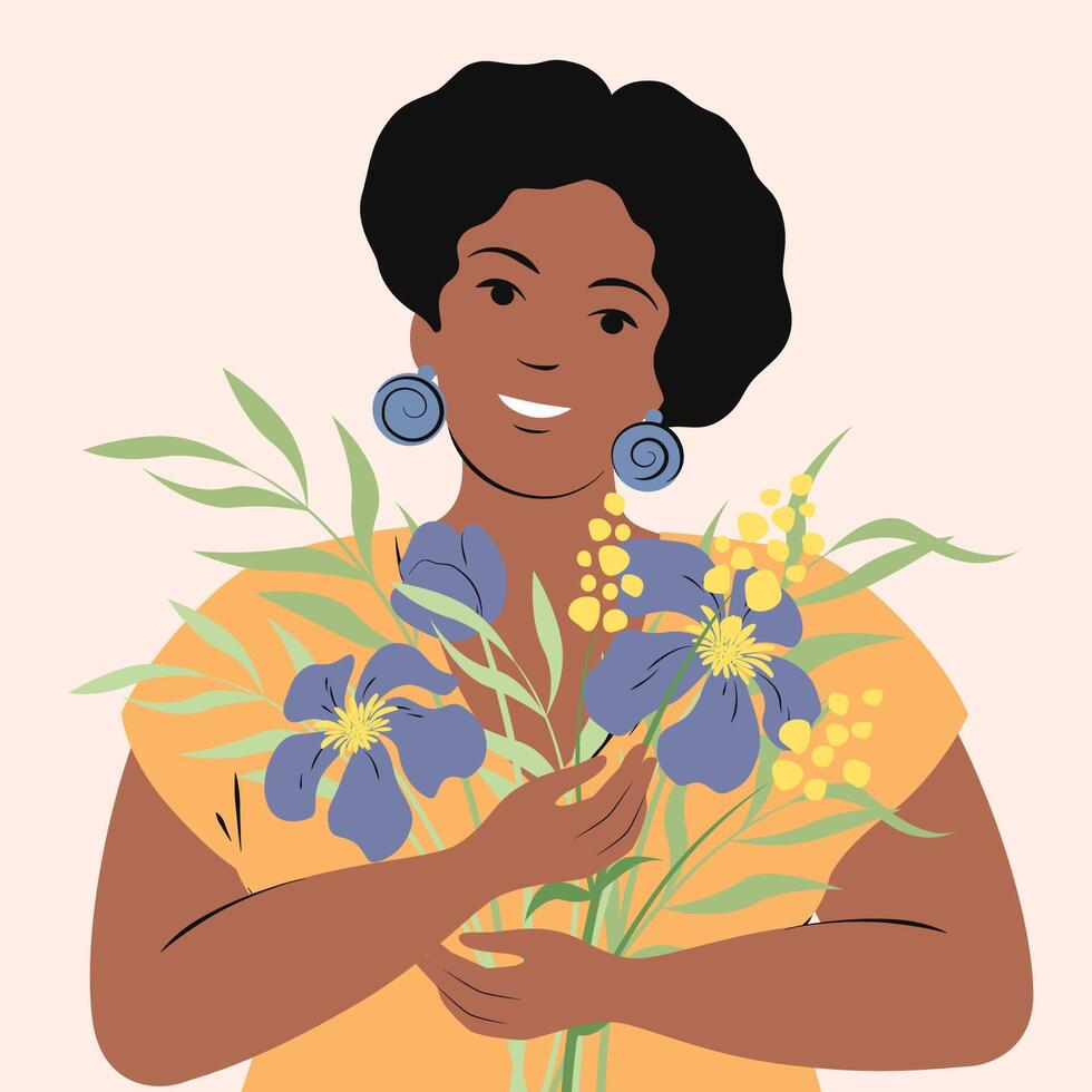 retrato de un contento curvilíneo africano americano mujer con flores elegante moderno niña con oscuro cabello. plano vector ilustración