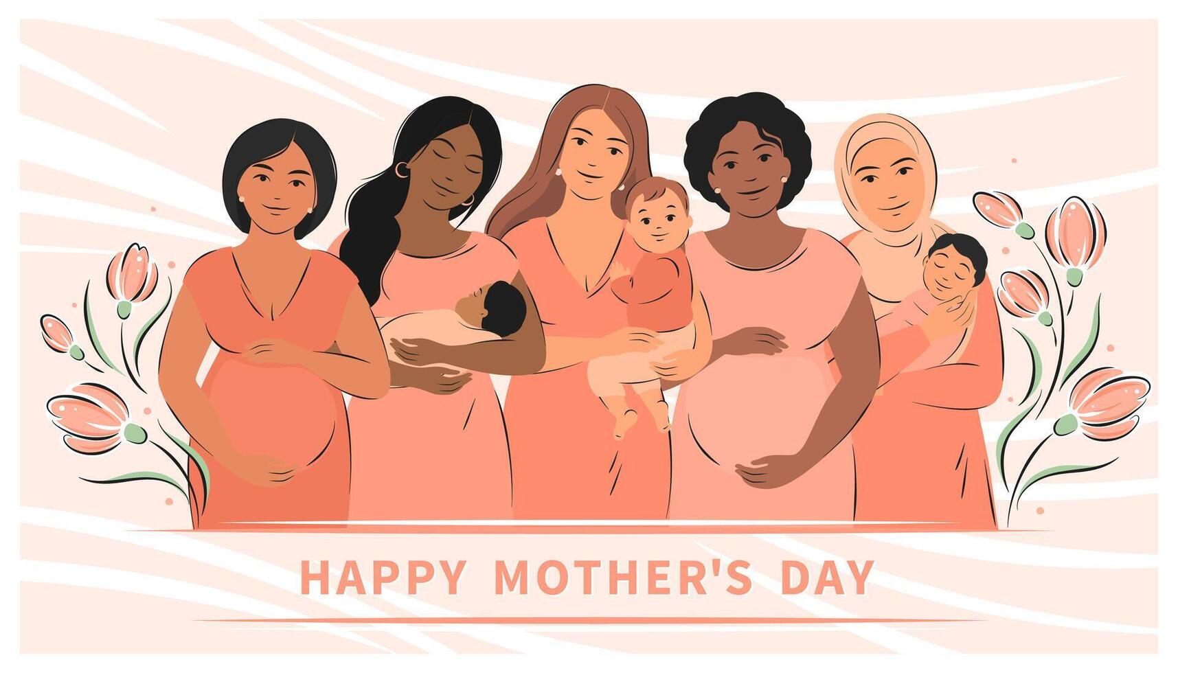 Happy mother's day. Group of pregnant women and women with children. Vector illustration