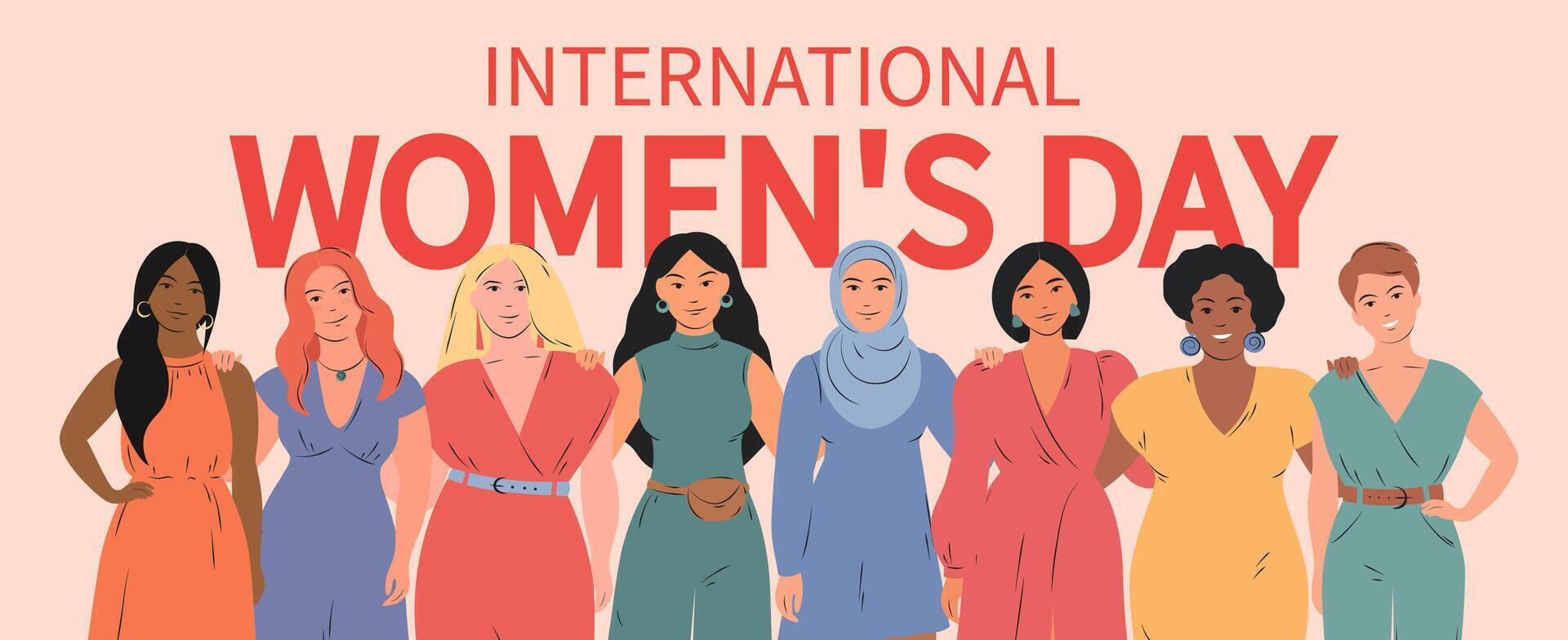 International Women's Day horizontal banner. Multinational multicultural group of women. Struggle for freedom, equality and independence concept, 8 March. Vector illustration