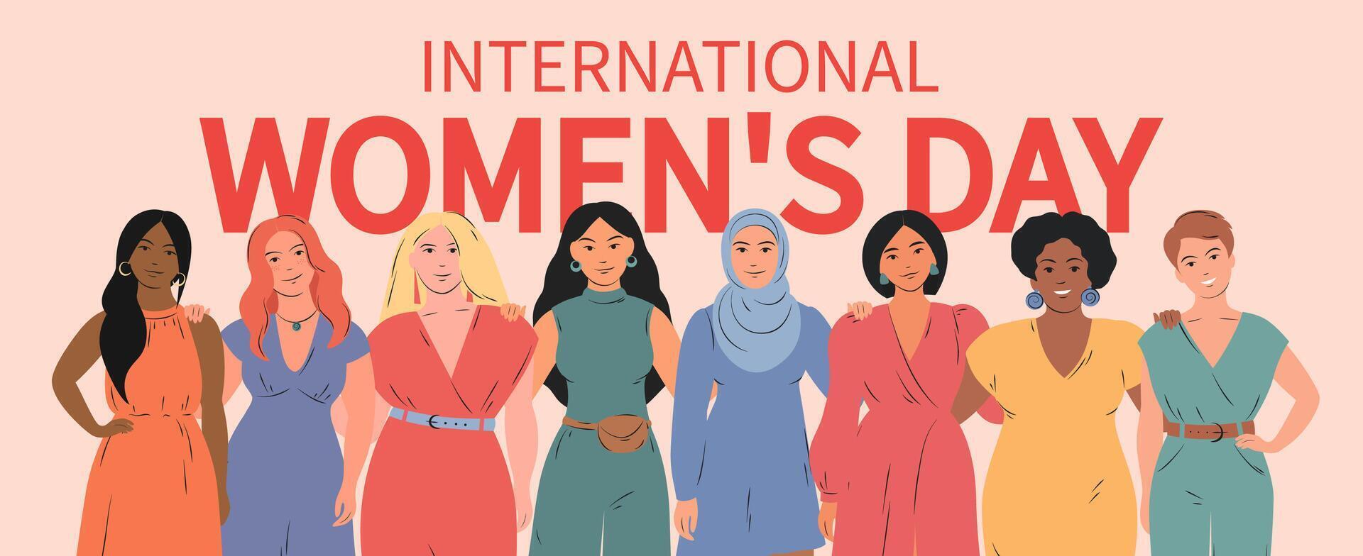 internacional De las mujeres día horizontal bandera. multinacional multicultural grupo de mujer. dificil para libertad, igualdad y independencia concepto, 8 marzo. vector ilustración