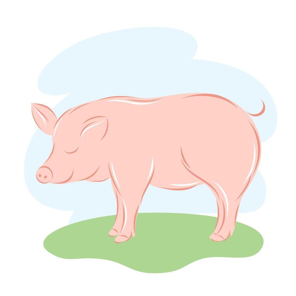 Happy pink funny pig. Farm animals. Childish colored flat vector illustration