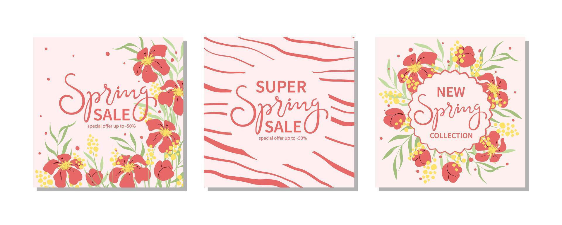 Set of spring sale banner template for social networks with colotful flowers, abstraction and lettering. Suitable for promotions, stories, post and internet ads. Vector illustration.