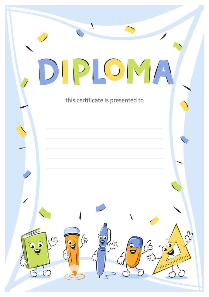 Diploma of school children. Sample elementary school kids certificate. School funny office supplies characters in cartoon style. Vector illustration for school.