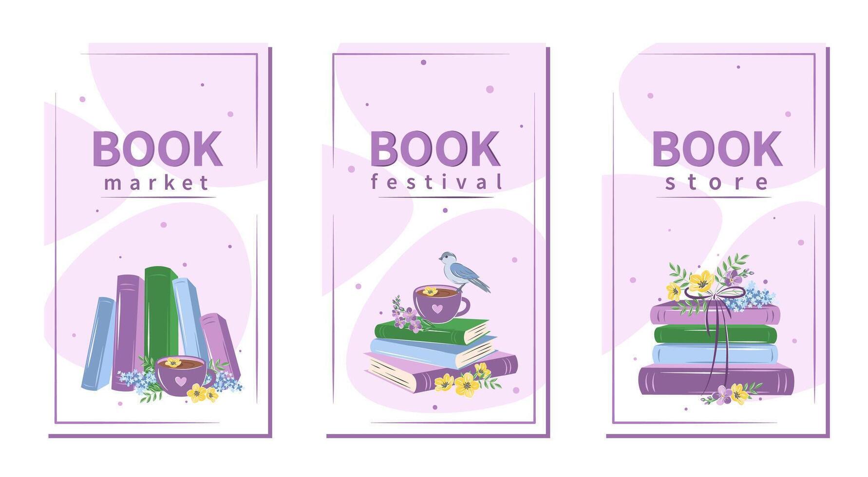 conjunto de diseño diseño para librería, biblioteca, librería, festival o educación. libros con primavera flores vector ilustración