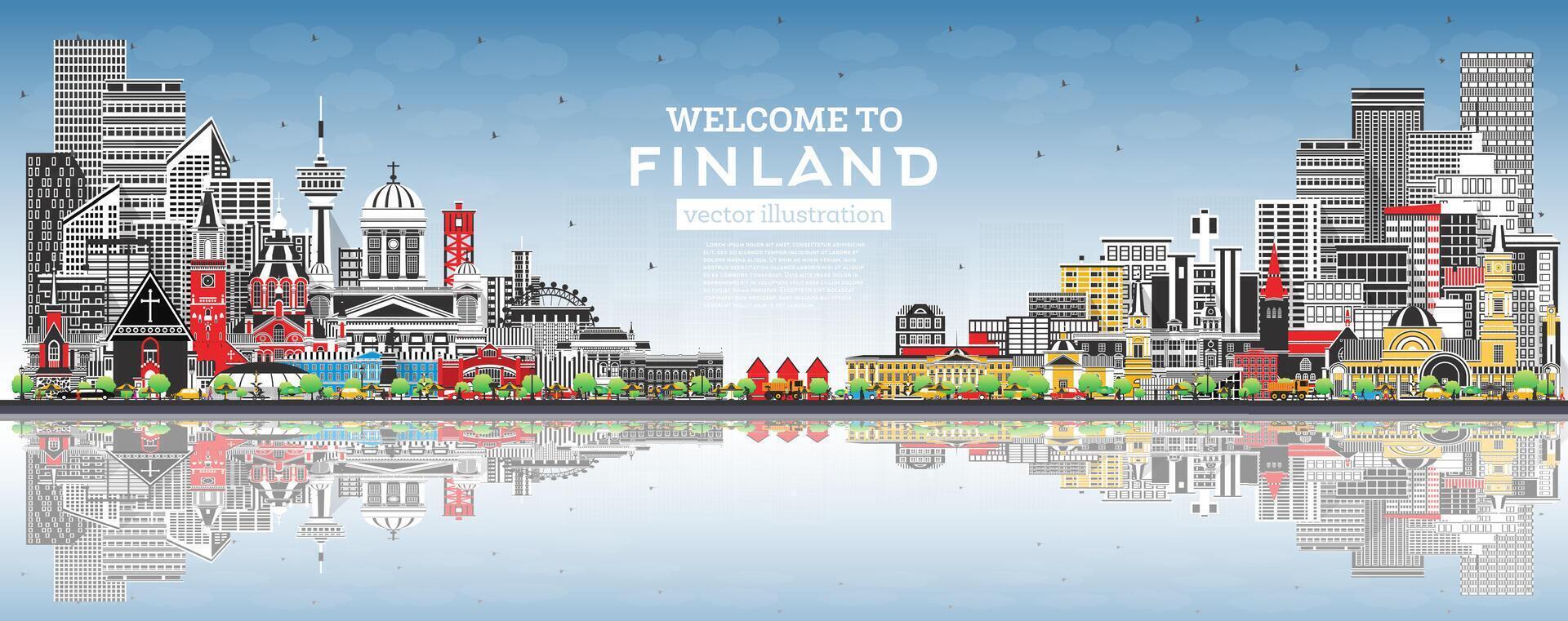 Finlandia ciudad horizonte con gris edificios, azul cielo y reflexiones concepto con histórico y moderno arquitectura. Finlandia paisaje urbano con puntos de referencia helsinki espoo. vantaa. vector