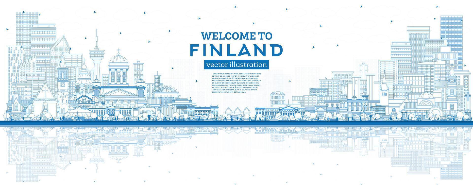 contorno Finlandia ciudad horizonte con azul edificios y reflexiones concepto con histórico y moderno arquitectura. Finlandia paisaje urbano con puntos de referencia helsinki espoo. vantaa. oulu. vector