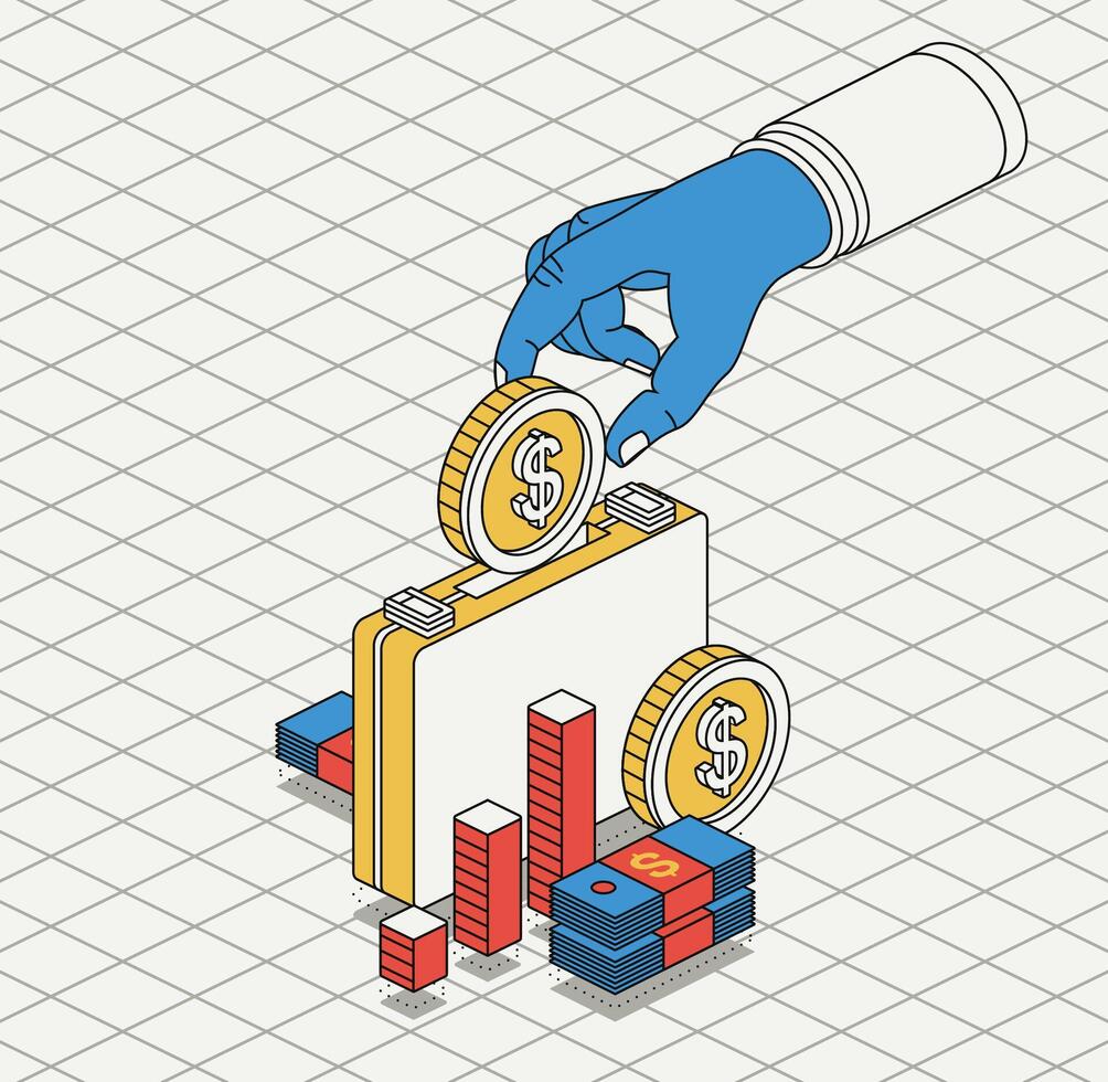 Hand puts a dollar coin inside of the briefcase. Isometric saving money concept. Investing and open bank deposit. Stack of dollars. 3d objects. Modern brutalism style. Money box. vector