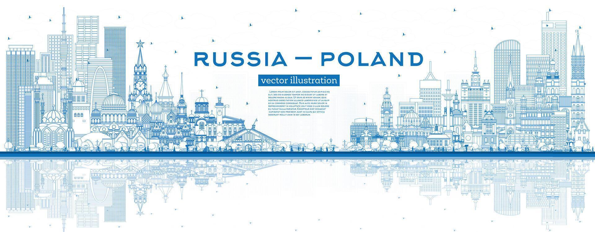 Outline Russia and Poland skyline with blue buildings and reflections. Famous landmarks. Poland and Russia concept. Diplomatic relations between countries. vector
