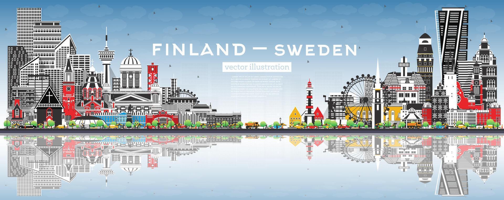 Finland and Sweden skyline with gray buildings, blue sky and reflections. Famous landmarks. Sweden and Finland concept. Diplomatic relations between countries. vector