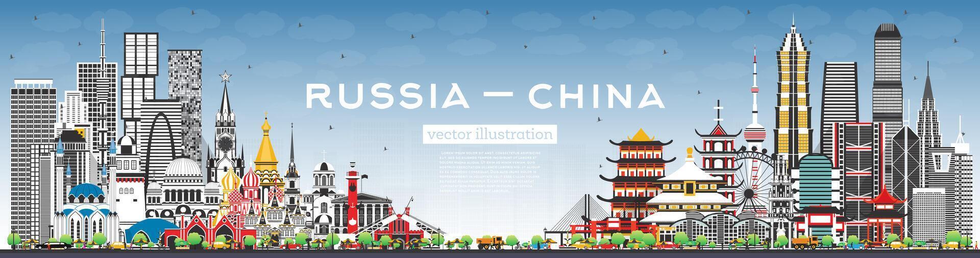 Rusia y China horizonte con gris edificios y azul cielo. famoso puntos de referencia China y Rusia concepto. diplomático relaciones Entre países. vector