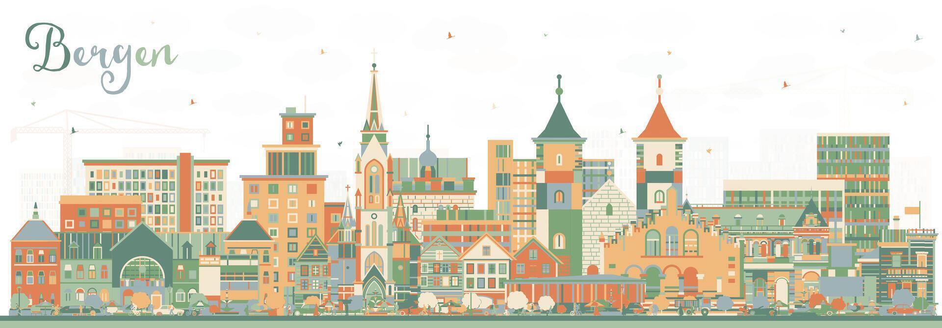 Bergen Norway City Skyline with Color Buildings. Bergen Cityscape with Landmarks. Business Travel and Tourism Concept with Historic Architecture. vector