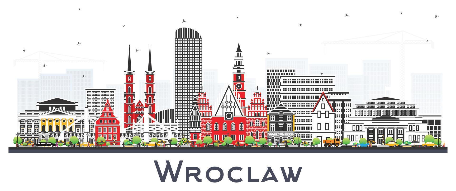 Wroclaw Poland City Skyline with Color Buildings isolated on white. Wroclaw Cityscape with Landmarks. Business Travel and Tourism Concept with Historic Architecture. vector