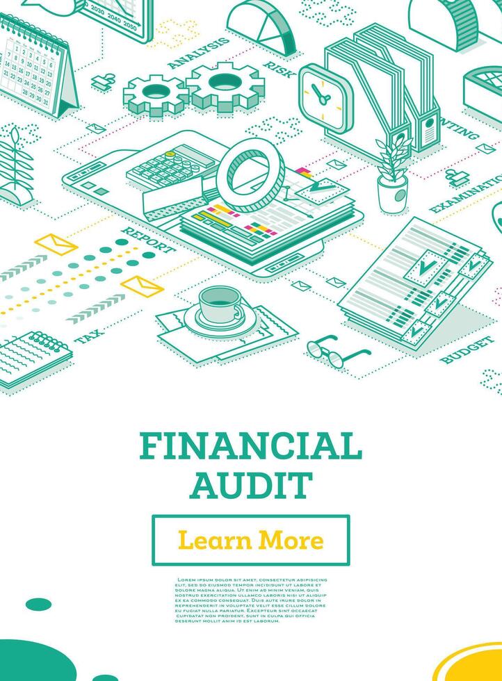 Financial Audit. Isometric Business Concept. Account Tax Report. Open Folder with Documents. Calendar and Magnifier. Report Under Magnifying Glass. Calculating Balance. vector