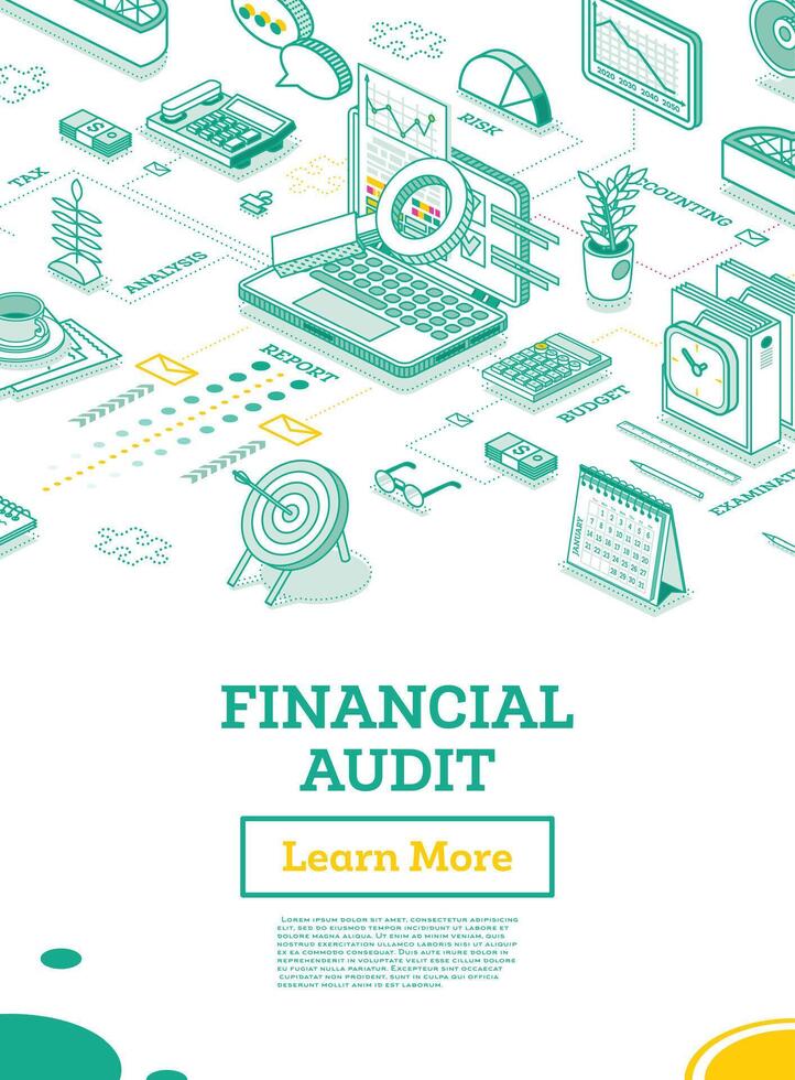 Financial Audit. Isometric Business Concept. Account Tax Report. Open Laptop with Documents. Calendar and Magnifier. Report Under Magnifying Glass. Calculating Balance. vector