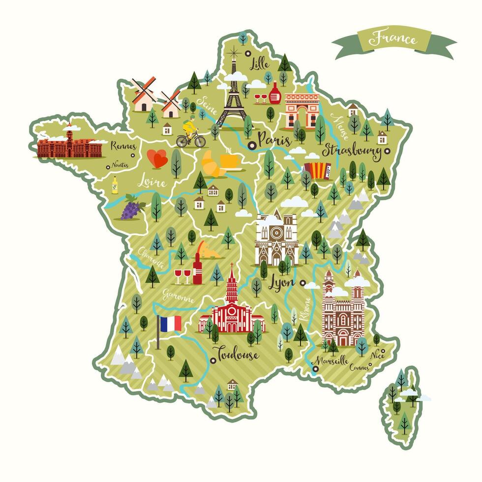 Stylized map of France. French symbols, cheese, croissant, wine, bicycle, harmonic, mountains and other landmarks. Travel to France. vector