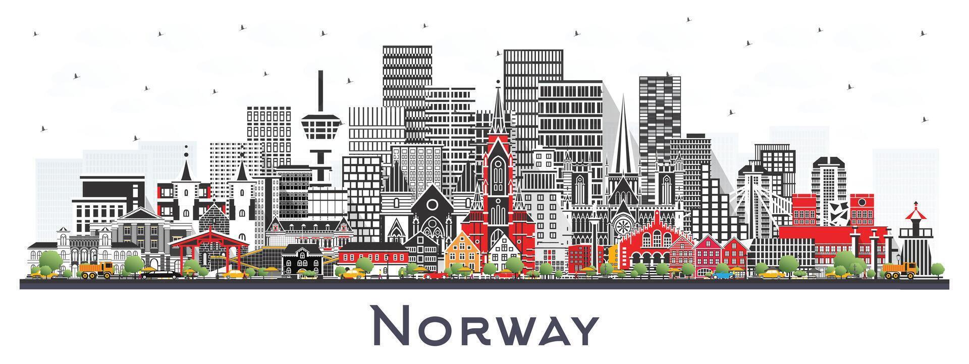 Norway city skyline with gray buildings isolated on white. Concept with historic and modern architecture. Norway cityscape with landmarks. Oslo. Stavanger. Trondheim. Bergen. vector