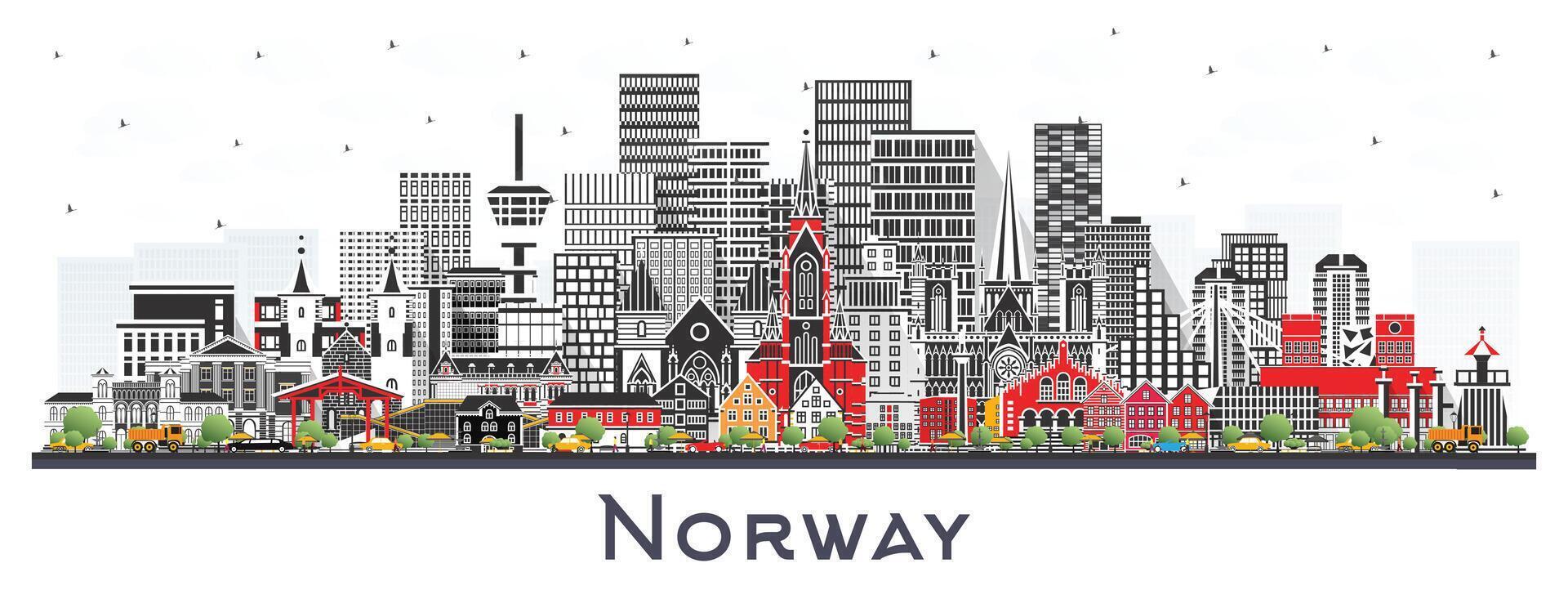 Noruega ciudad horizonte con gris edificios aislado en blanco. concepto con histórico y moderno arquitectura. Noruega paisaje urbano con puntos de referencia Oslo. stavanger. trondheim. Bergen. vector