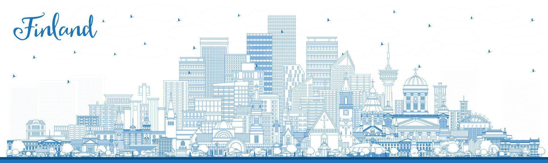 Outline Finland city skyline with blue buildings. Concept with historic and modern architecture. Finland cityscape with landmarks. Helsinki. Espoo. Vantaa. Oulu. Turku. vector