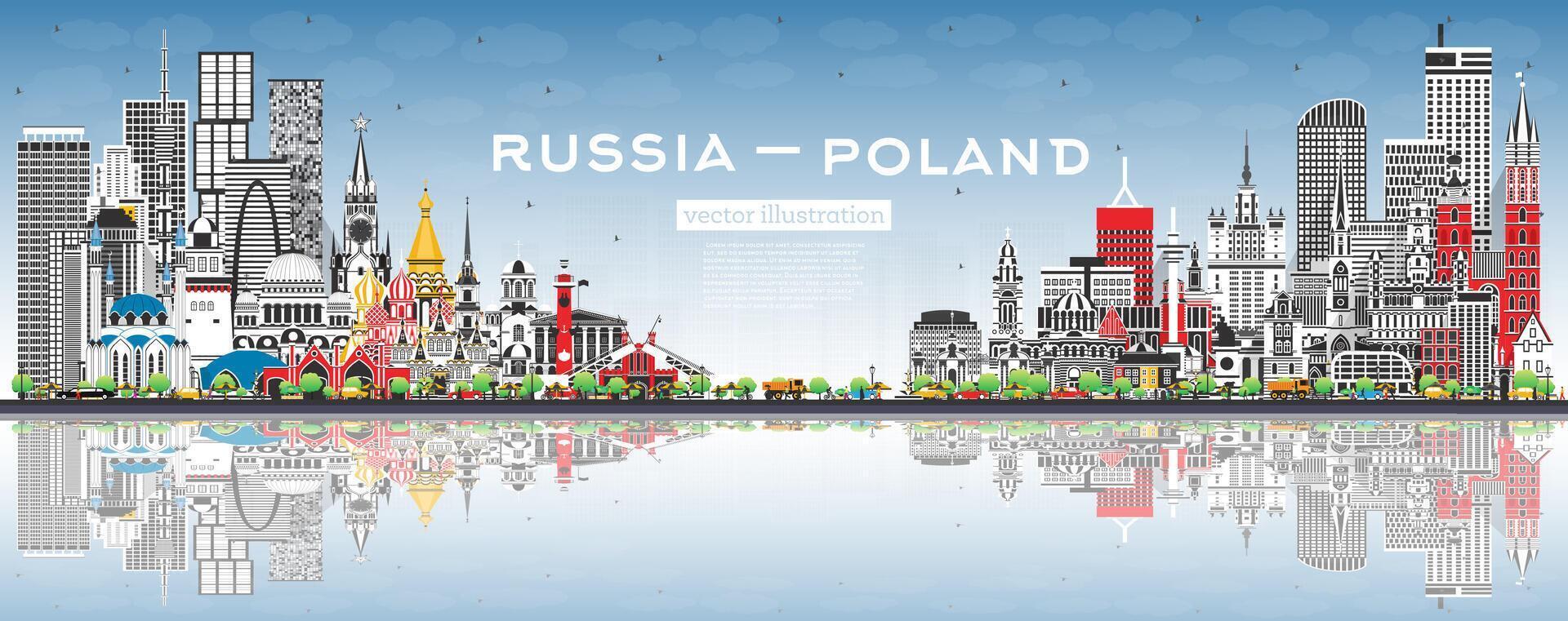 Russia and Poland skyline with gray buildings, blue sky and reflections. Famous landmarks. Poland and Russia concept. Diplomatic relations between countries. vector