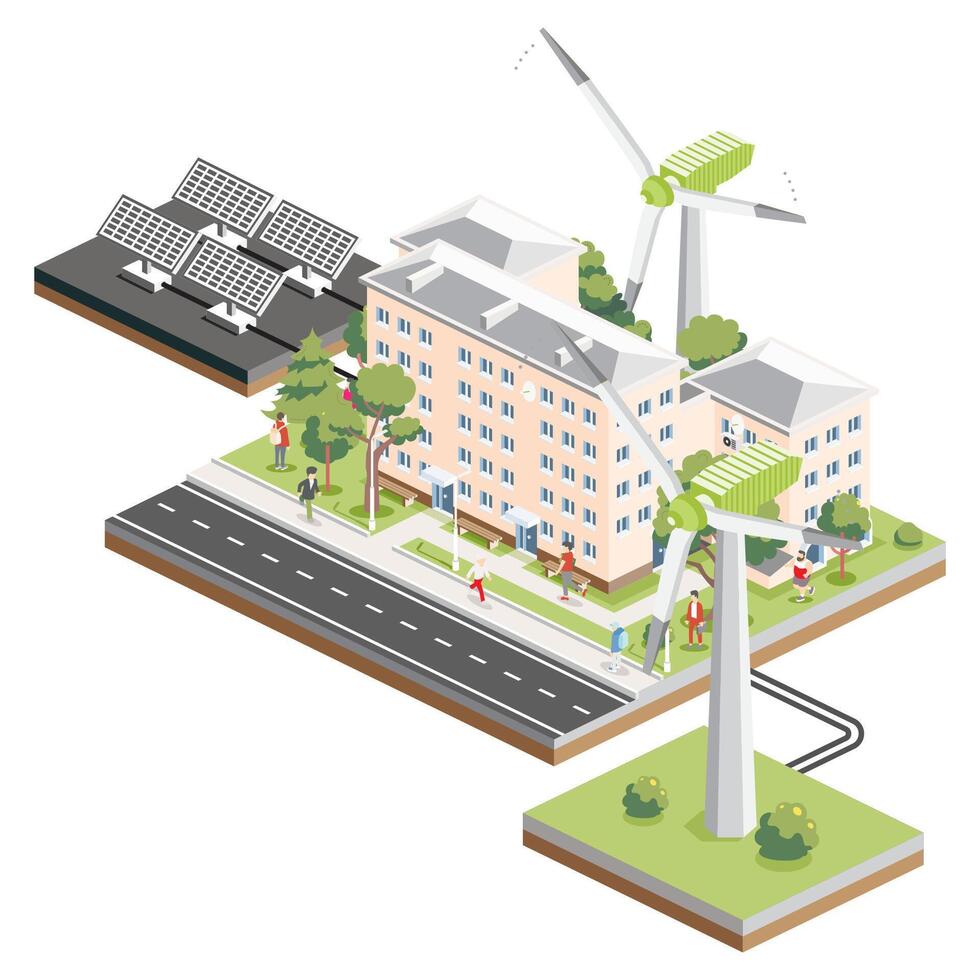 Isometric residential five storey building with solar panels and wind turbines. Green eco friendly house. Infographic element. Infographic element. City home. Trees with people. vector
