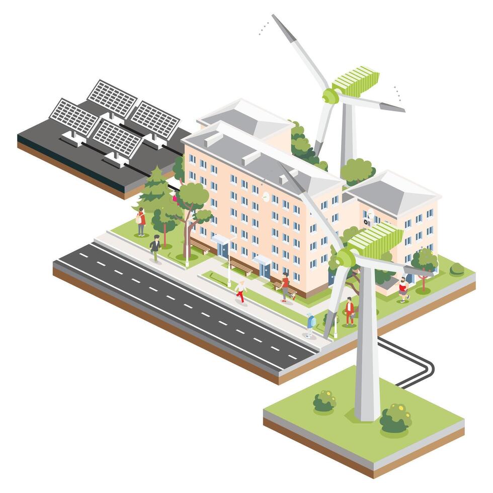 isométrica residencial cinco piso edificio con solar paneles y viento turbinas verde eco simpático casa. infografía elemento. infografía elemento. ciudad hogar. arboles con gente. vector