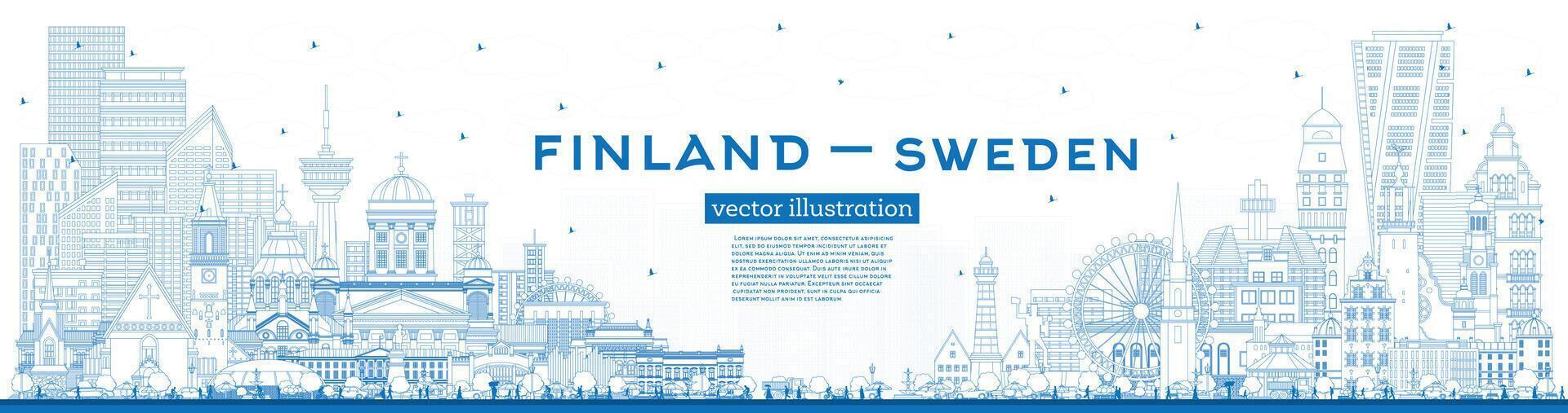 Outline Finland and Sweden skyline with blue buildings. Famous landmarks. Sweden and Finland concept. Diplomatic relations between countries. vector