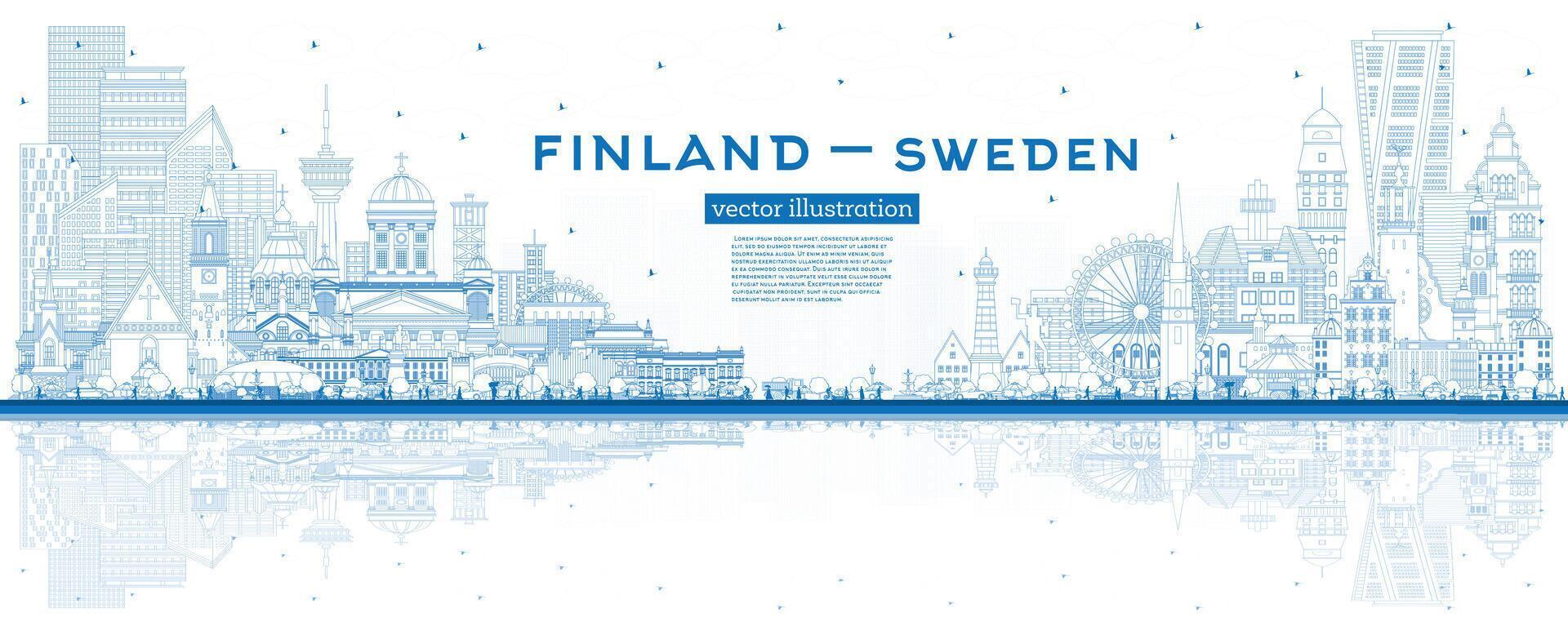 Outline Finland and Sweden skyline with blue buildings and reflections. Famous landmarks. Sweden and Finland concept. Diplomatic relations between countries. vector