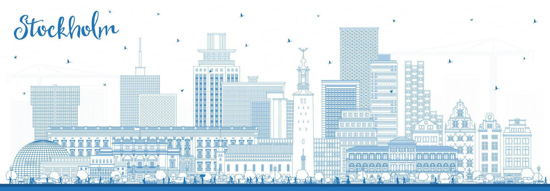 Outline Stockholm Sweden city skyline with blue buildings. Stockholm cityscape with landmarks. Business travel and tourism concept with modern and historic architecture. vector