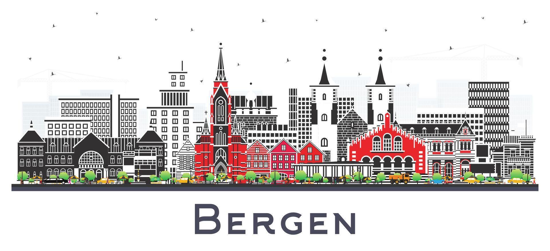 Bergen Norway City Skyline with Color Buildings isolated on white. Bergen Cityscape with Landmarks. Business Travel and Tourism Concept with Historic Architecture. vector