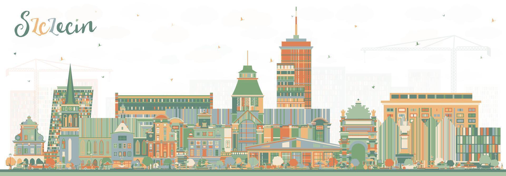 Szczecin Poland city skyline with color buildings. Szczecin cityscape with landmarks. Business travel and tourism concept with modern and historic architecture. vector