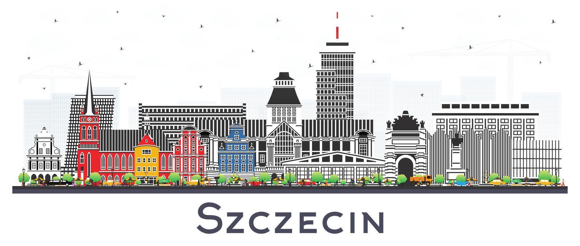 Szczecin Poland city skyline with color buildings isolated on white. Szczecin cityscape with landmarks. Business travel and tourism concept with modern and historic architecture. vector