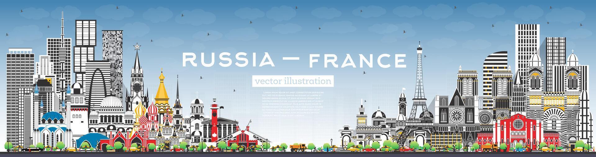 Rusia y Francia horizonte con gris edificios y azul cielo. famoso puntos de referencia Francia y Rusia concepto. diplomático relaciones Entre países. vector