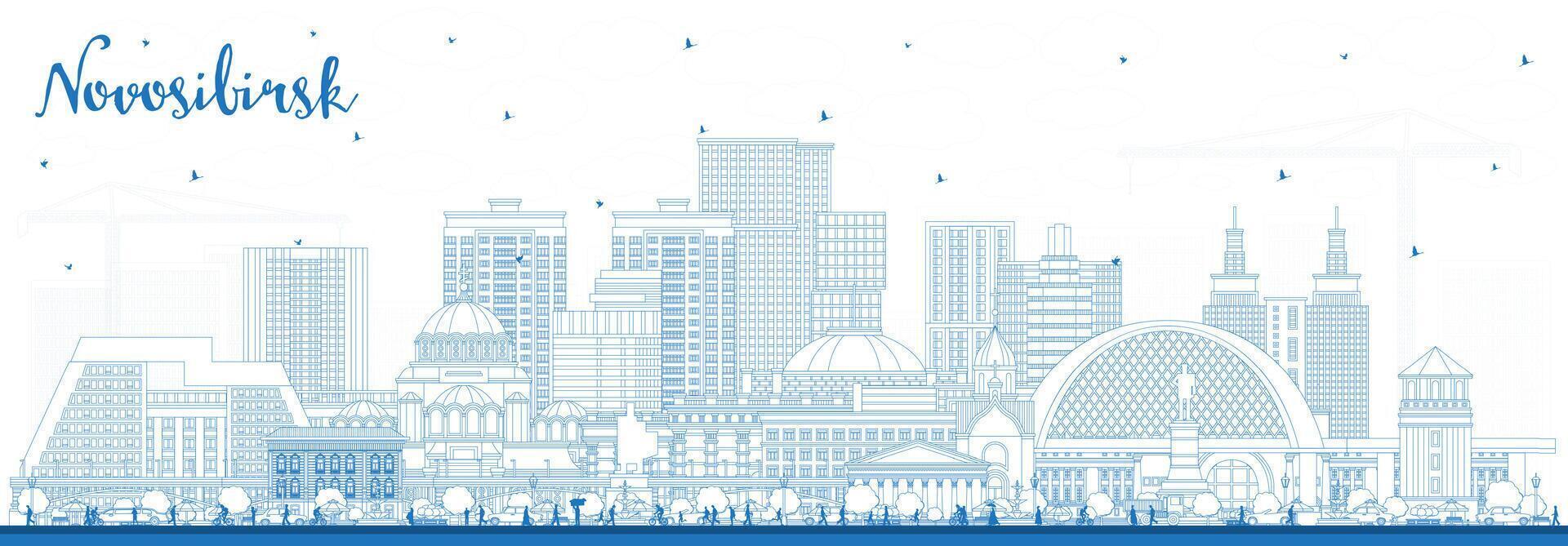 Outline Novosibirsk Russia city skyline with blue buildings. Novosibirsk cityscape with landmarks. Business travel and tourism concept with modern and historic architecture. vector