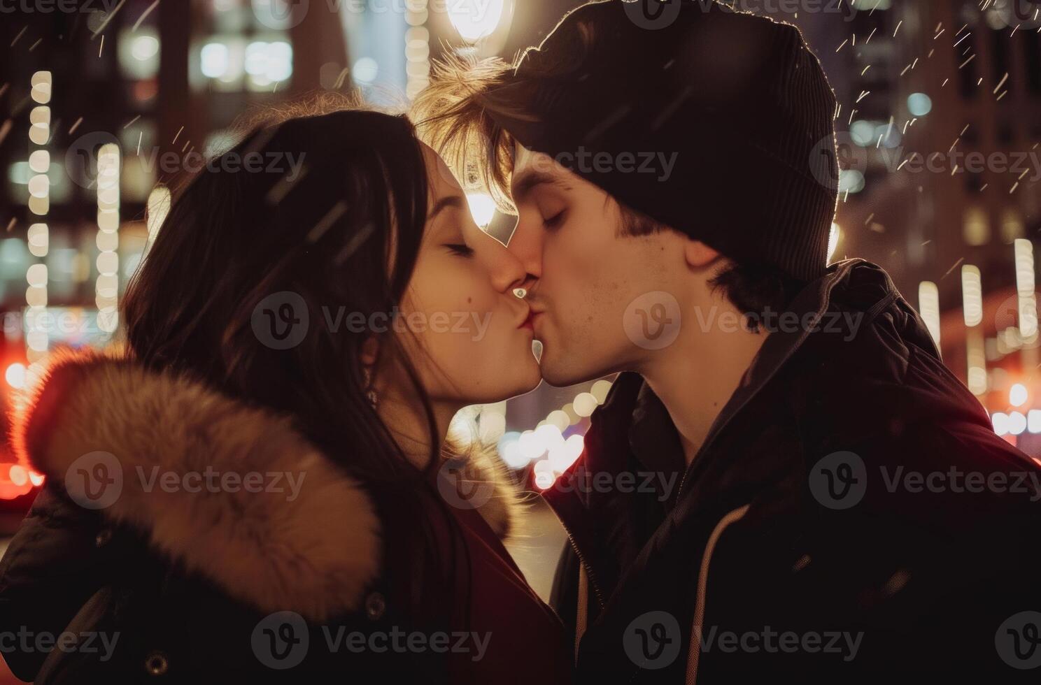 AI generated A couple kisses on a cold night, cute kiss photo