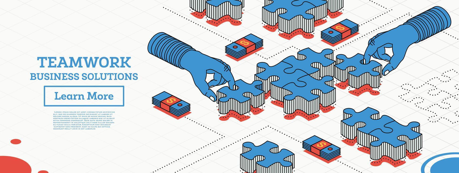 Teamwork Concept. Hands Hold Pieces of Puzzle and Try to Connect It. Vector Illustration. Outline Isometric Concept. Business Solution. Infographic Element.