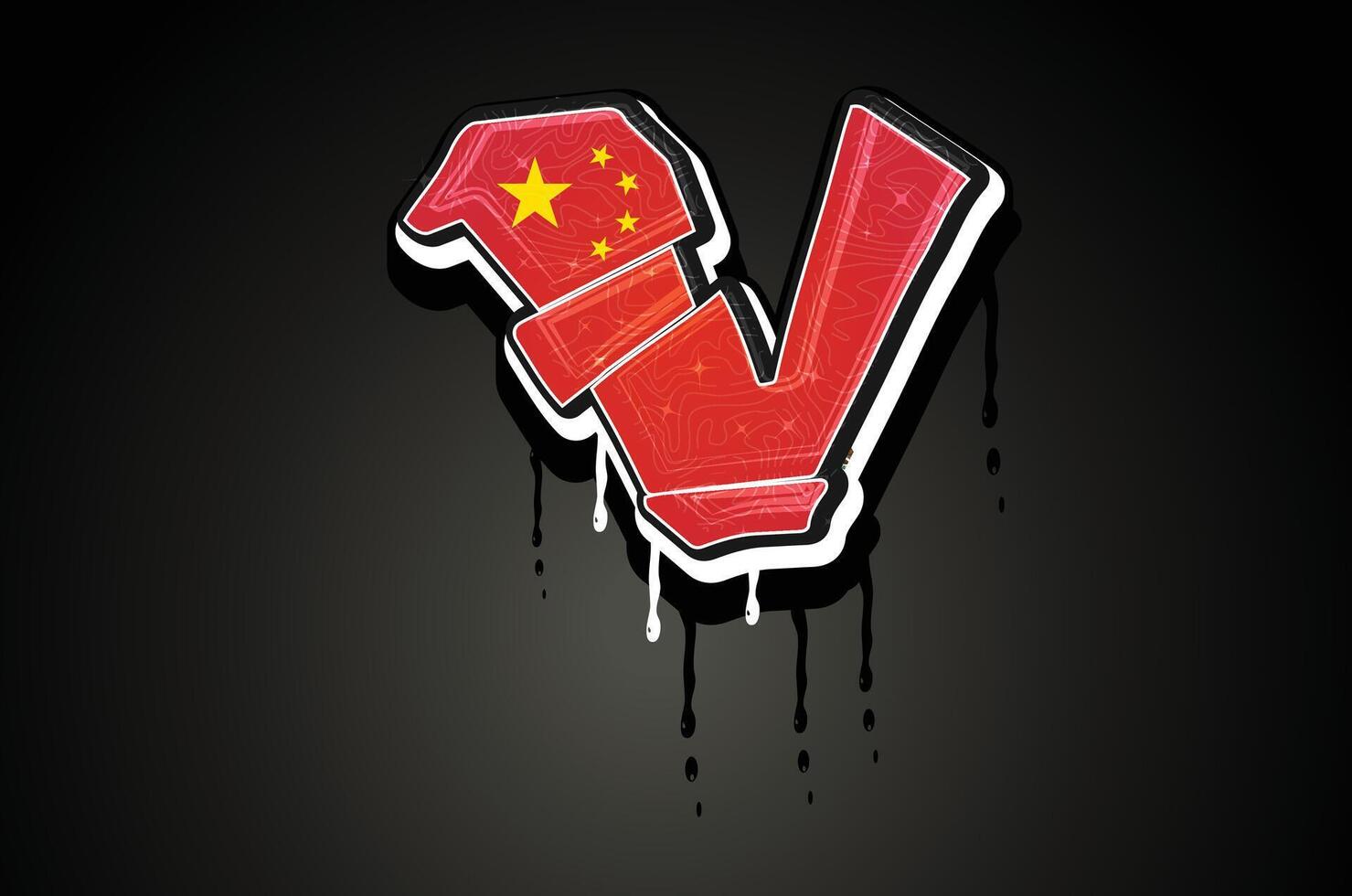 China Flag V Hand Lettering Graffiti Alphabet Vector Template