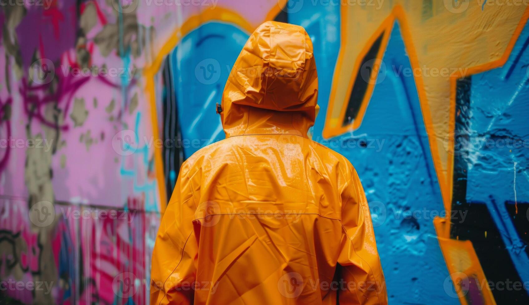 AI generated An orange raincoat with colorful graffiti on it, celebrate artistic day photo